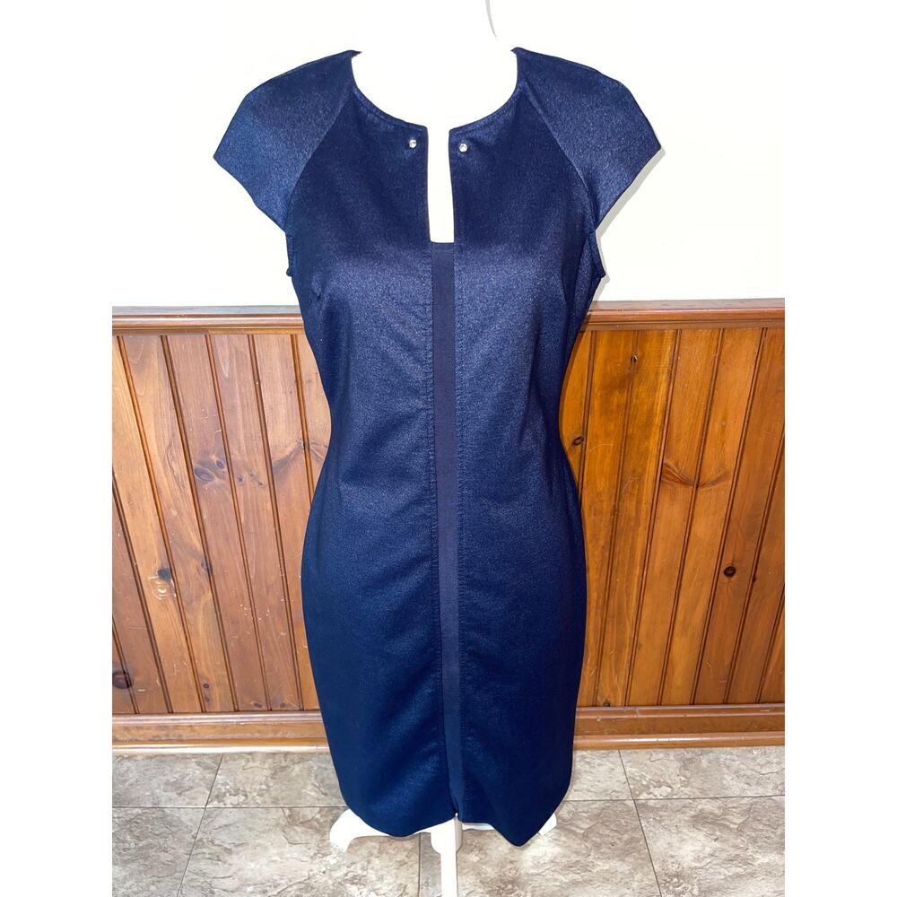 Womens Tommy Hilfiger Navy Metallic‎ Cap Sleeve Fitted Knee Length Zip Dress 8